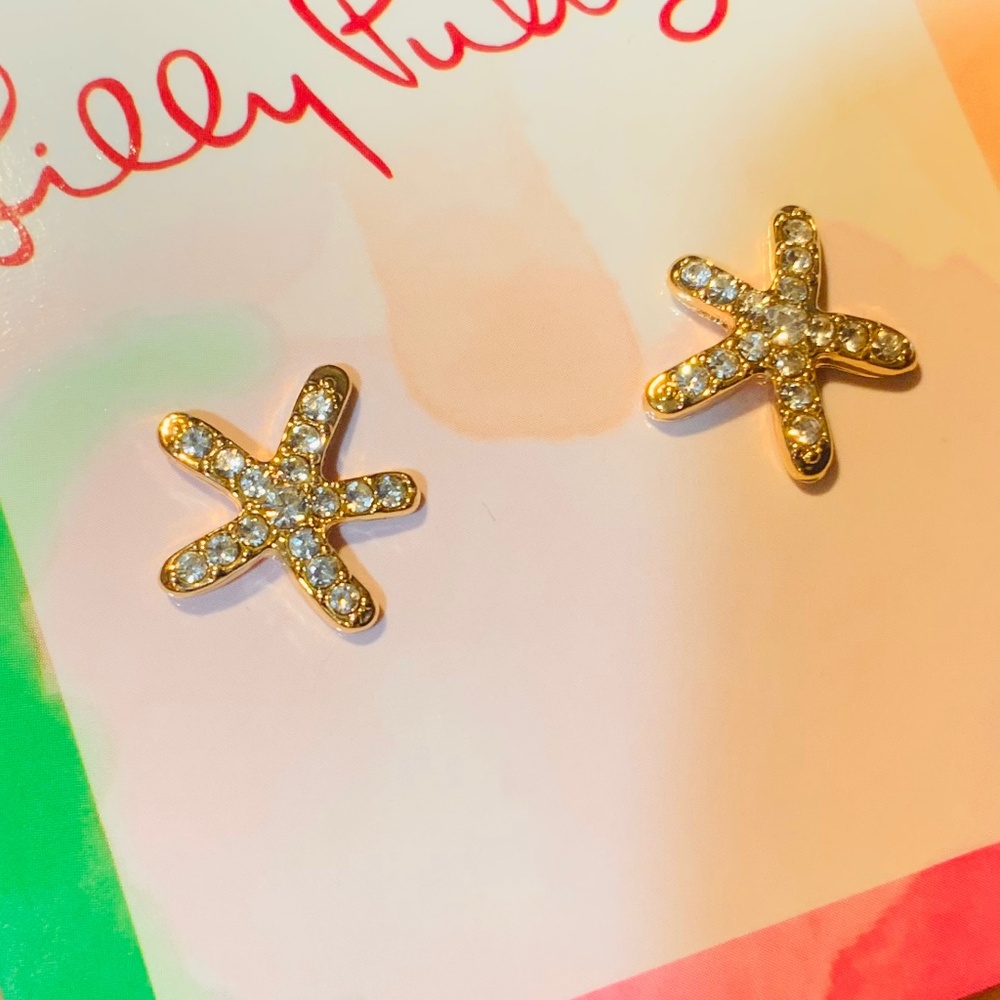 Lilly Pulitzer EARRINGS ⭐️SPARKLING GOLD PETITE STARFISH 🩷CRYSTAL PIERCED - Picture 5 of 6